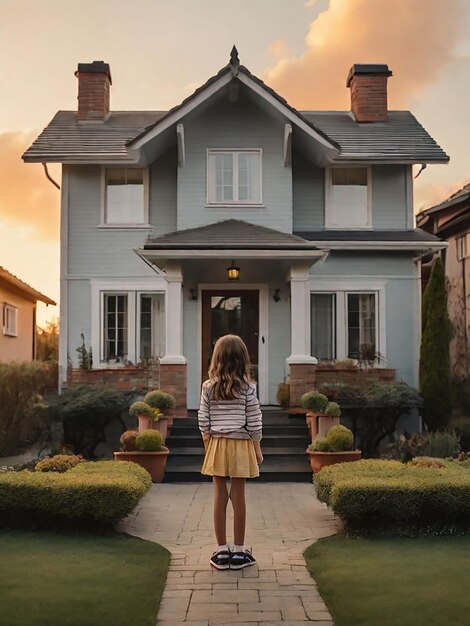 Foto una ragazza è in piedi di fronte alla casa