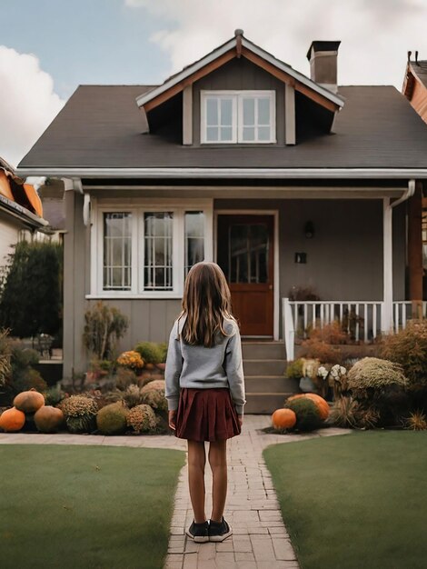 Foto una ragazza è in piedi di fronte alla casa