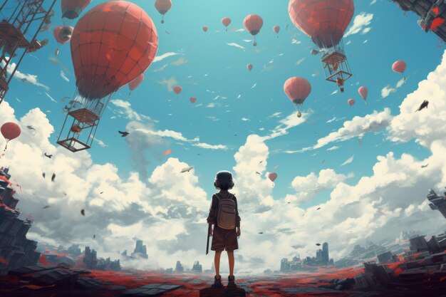 Girl is standing and looking at hot air balloons in anime style Beautiful illustration picture