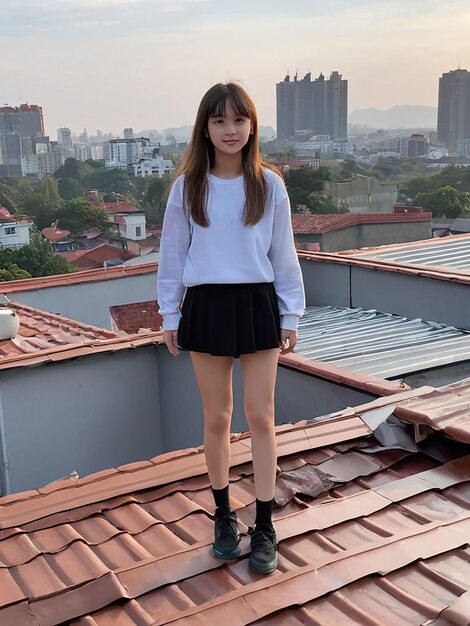 A girl is standing on the roof