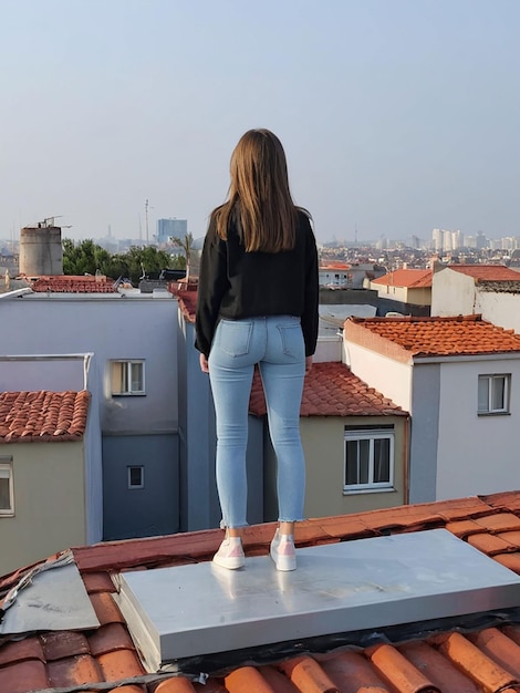 Photo a girl is standing on the roof