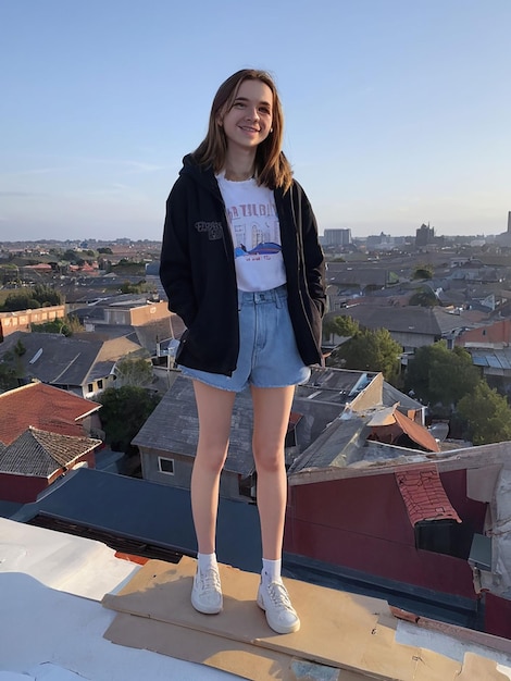 A girl is standing on the roof