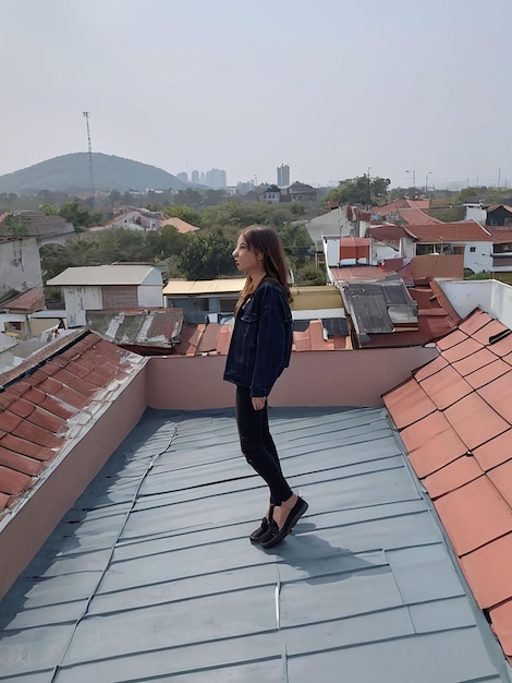 Photo a girl is standing on the roof