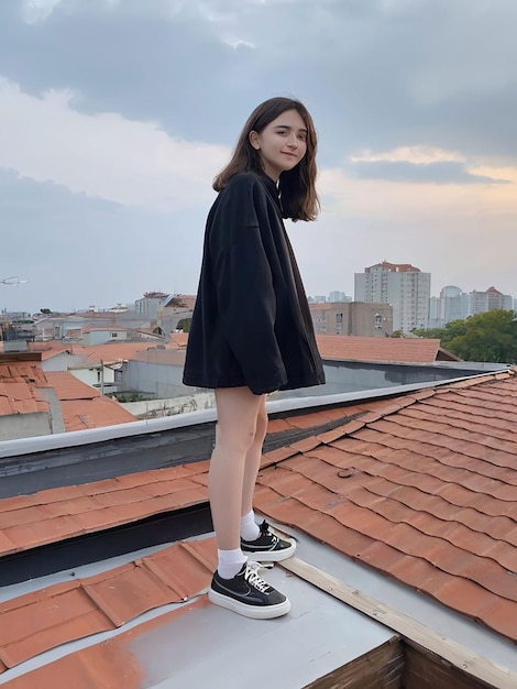 A girl is standing on the roof