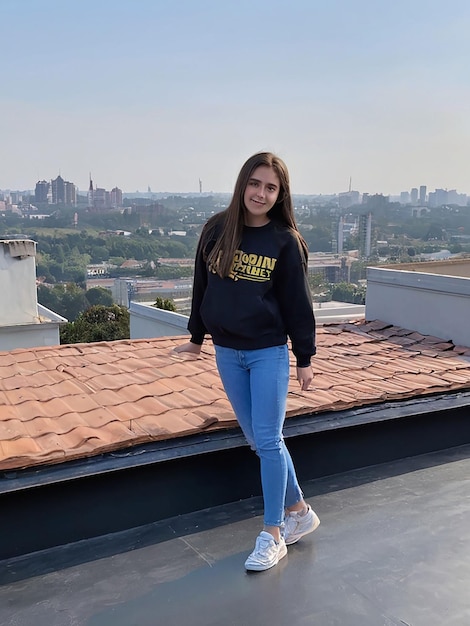 A girl is standing on the roof