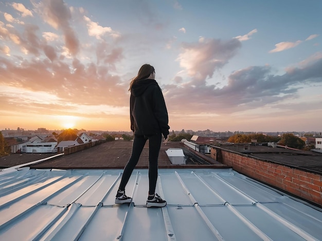 A girl is standing on the roof