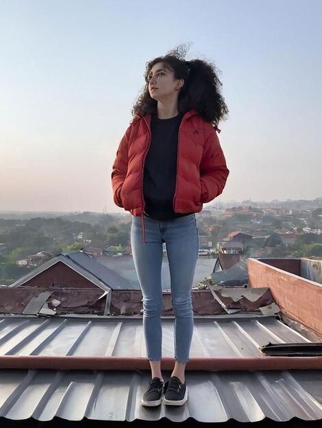 Photo a girl is standing on the roof