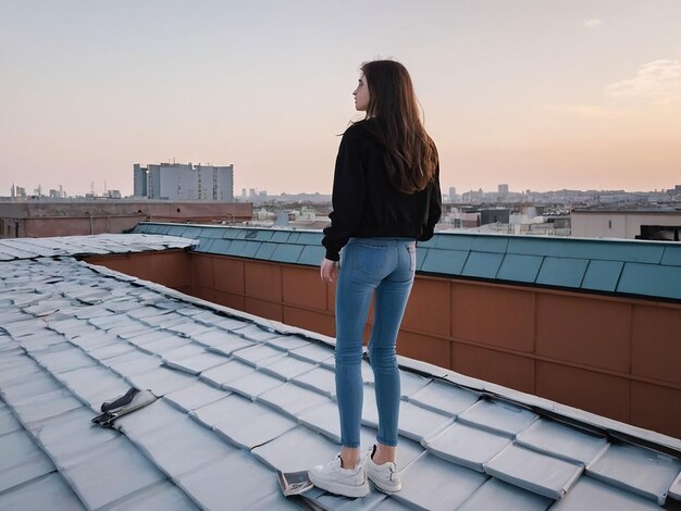 Foto una ragazza è in piedi sul tetto