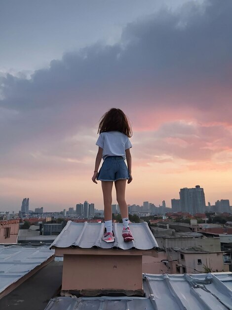 Photo a girl is standing on the roof