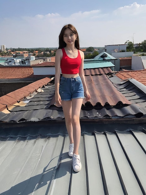 Photo a girl is standing on the roof