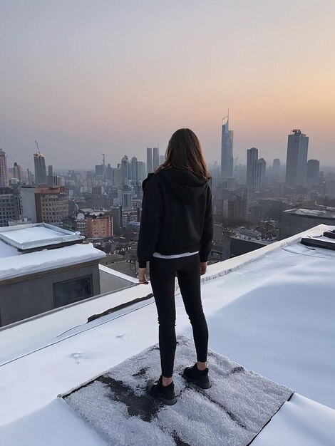 Photo a girl is standing on the roof