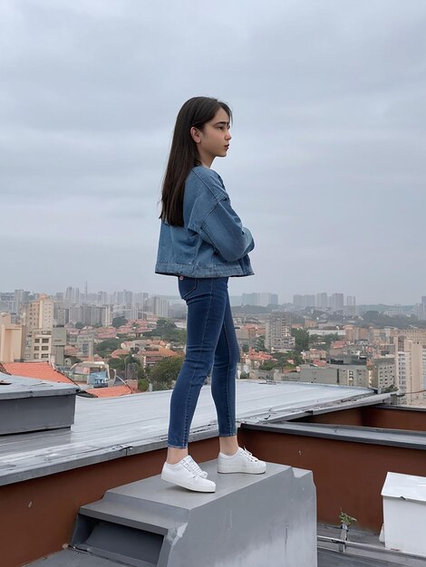 Photo a girl is standing on the roof