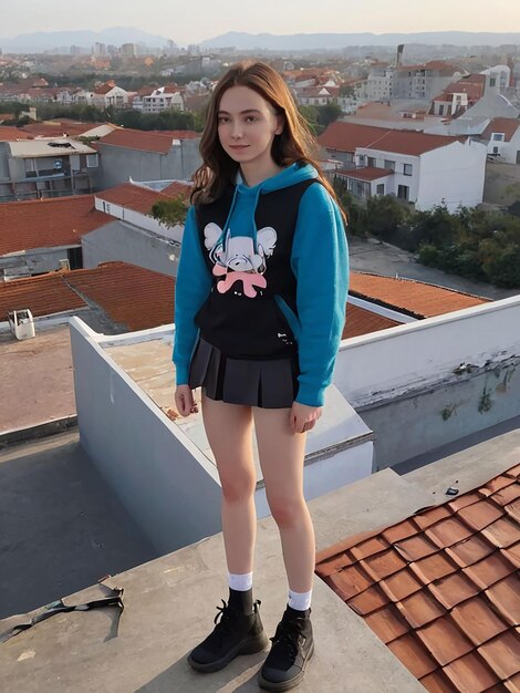 A girl is standing on the roof