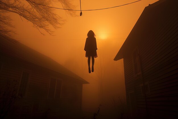 Photo a girl is standing on a rope with the sun behind her