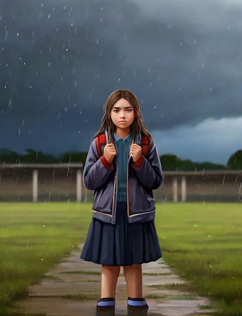 A girl is standing in a school field now that it is raining