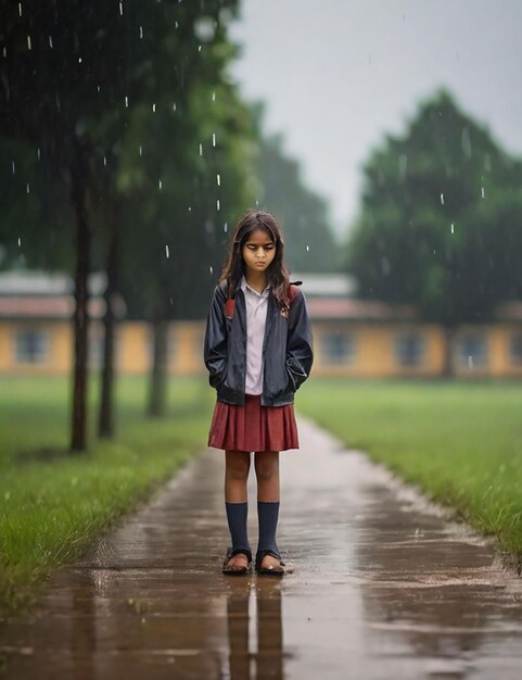 A girl is standing in a school field now that it is raining