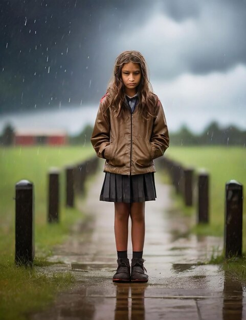 Photo a girl is standing in a school field now that it is raining