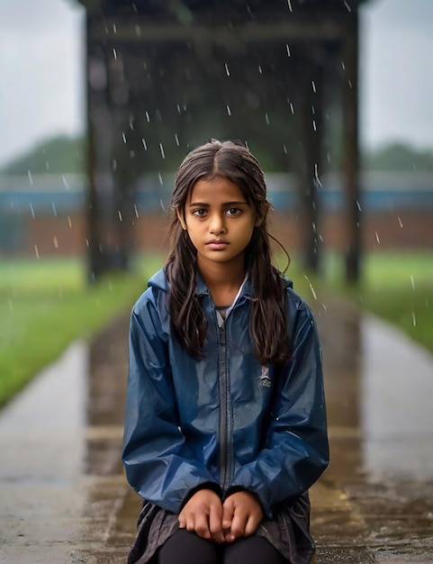 雨が降っている学校のフィールドに立っている女の子