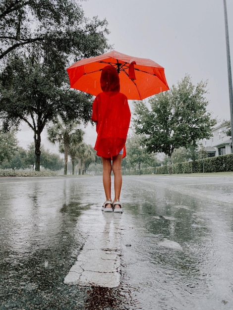 女の子が雨の下で傘を持って立っている