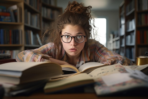 The girl is in a state of shock in the library in front of many books exam preparation studying