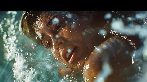 Foto una ragazza sta nuotando in acqua con bolle