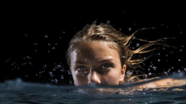 a girl is swimming in the water with her hair blowing in the wind.