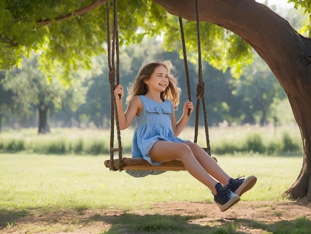 Photo a girl is swinging on a swing under a tree