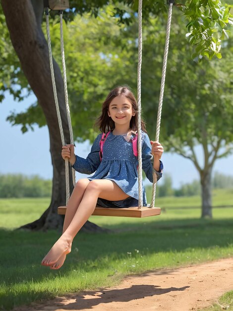 Photo a girl is swinging on a swing under a tree