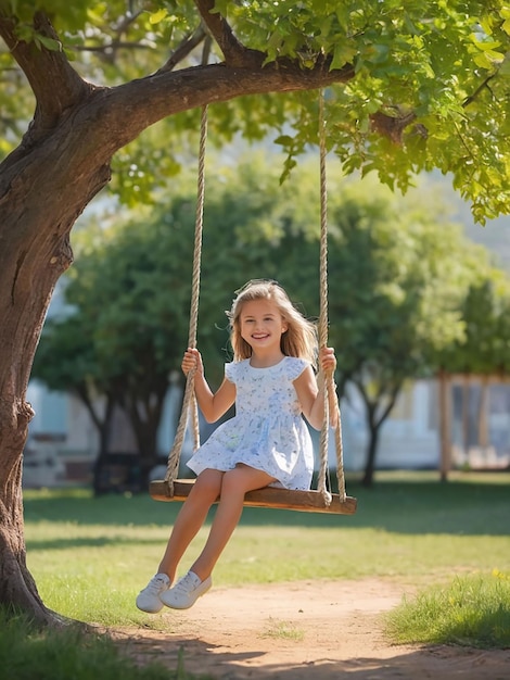 Photo a girl is swinging on a swing under a tree