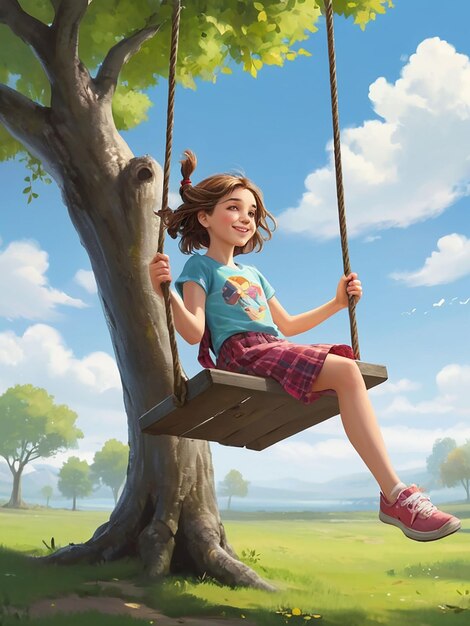 A girl is swinging on a swing under a tree