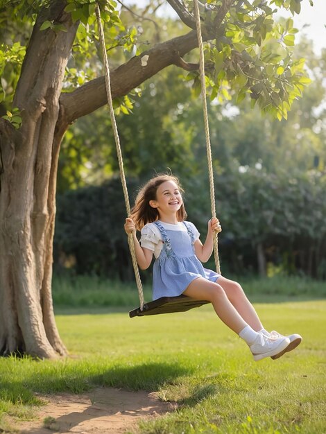 Photo a girl is swinging on a swing under a tree