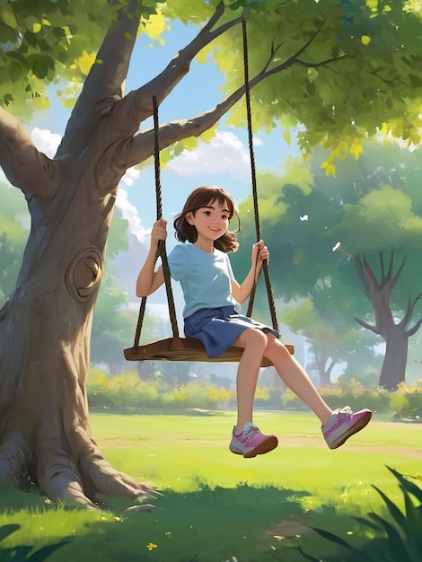 Photo a girl is swinging on a swing under a tree