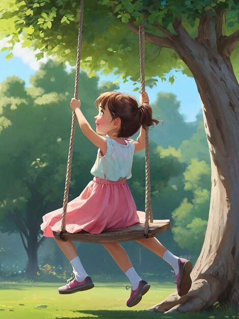 A girl is swinging on a swing under a tree