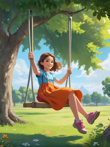 Photo a girl is swinging on a swing under a tree