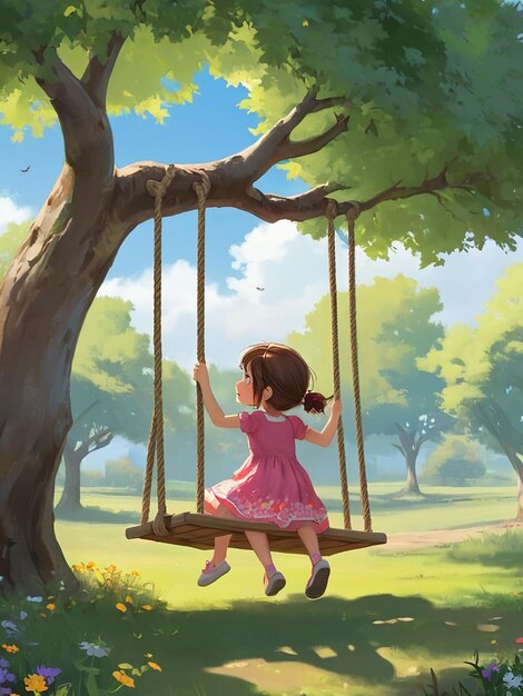 Photo a girl is swinging on a swing under a tree