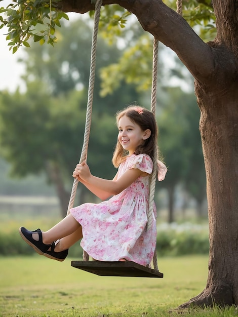 A girl is swinging on a swing under a tree