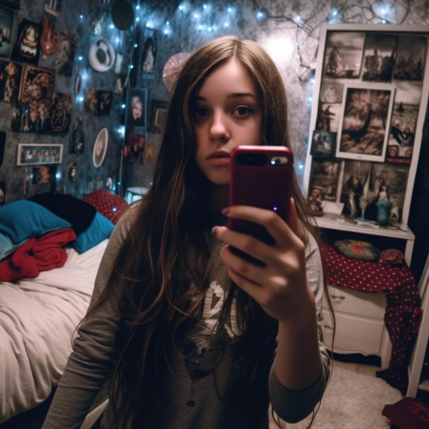 A girl is taking a selfie in a bedroom with a bed covered in lights