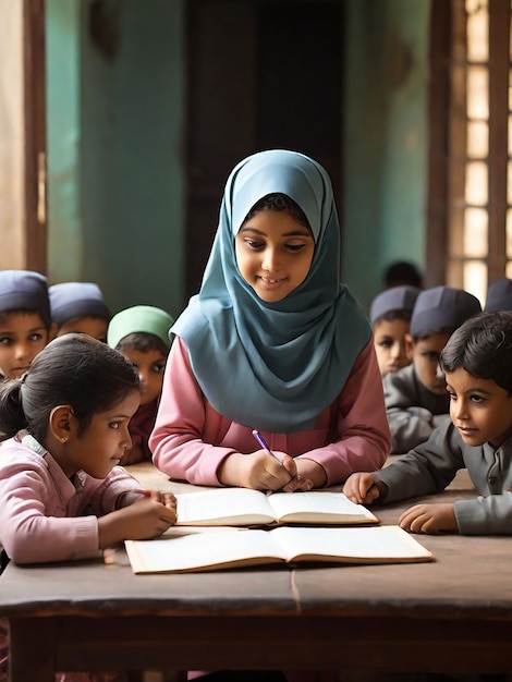 Photo a girl is teaching children in a madrasa