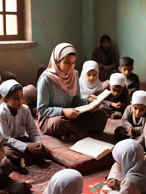 A girl is teaching children in a madrasa