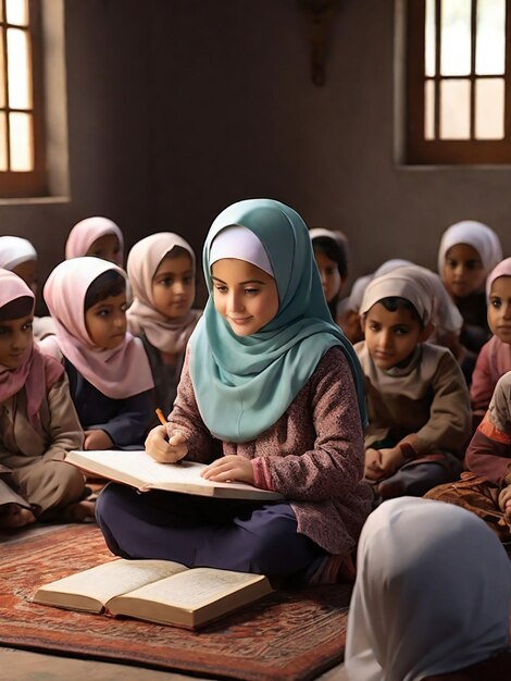 A girl is teaching children in a madrasa