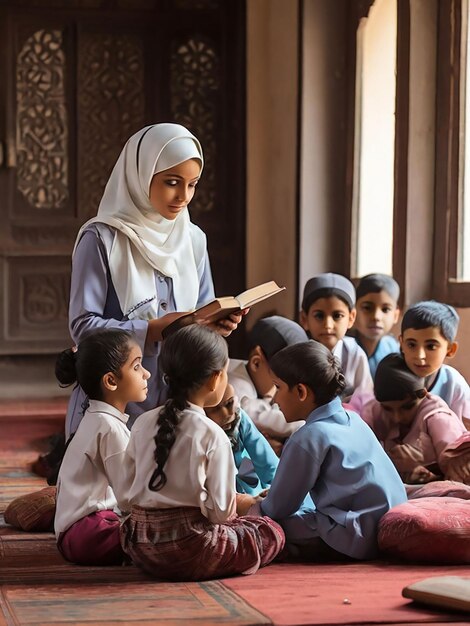 Photo a girl is teaching children in a madrasa