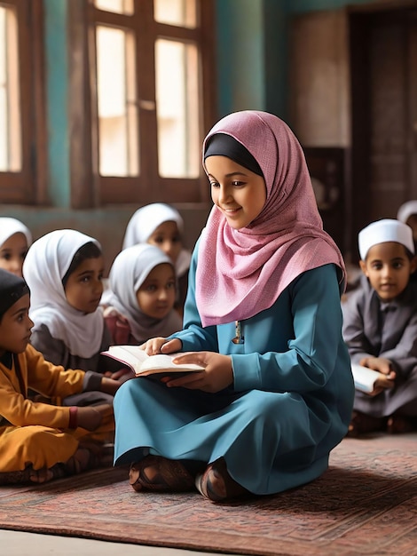 Photo a girl is teaching children in a madrasa