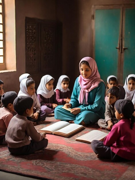 Photo a girl is teaching children in a madrasa