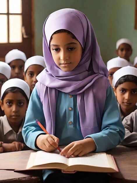 Photo a girl is teaching children in a madrasa