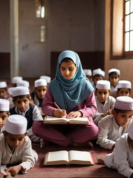 A girl is teaching children in a madrasa