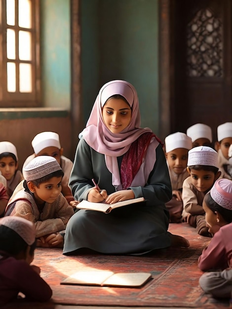 Photo a girl is teaching children in a madrasa