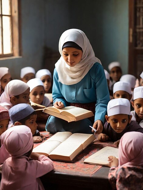 Photo a girl is teaching children in a madrasa