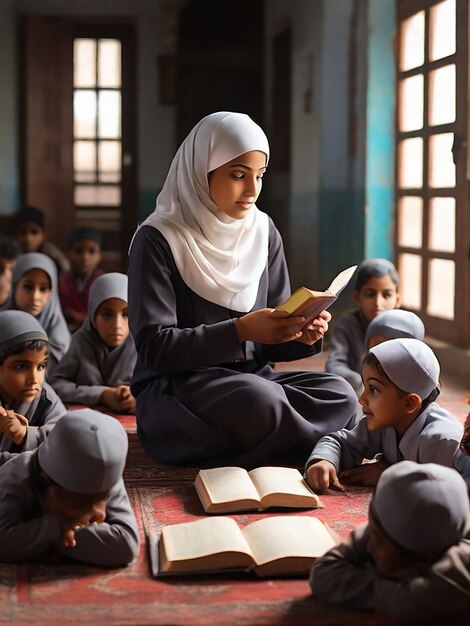 Foto una ragazza insegna ai bambini in una madrasa