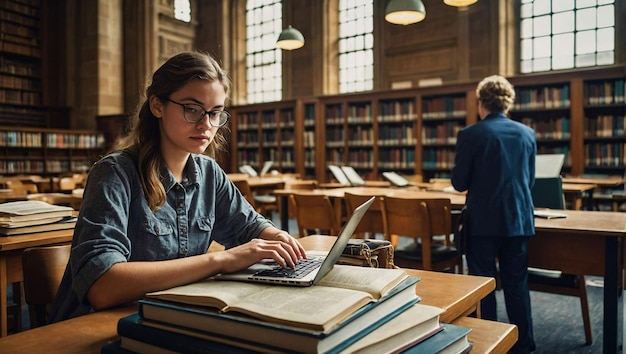 女の子が図書館で他の生徒と一緒にラップトップでタイピングしている