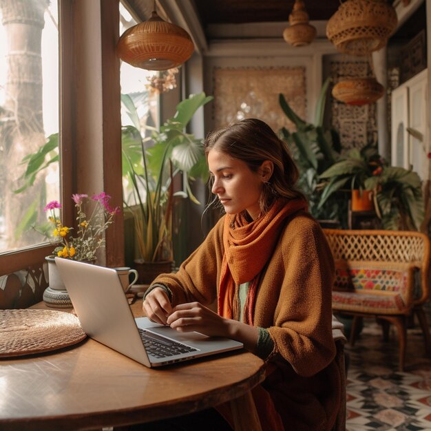 a girl is using a laptop in a room with a plant in the background